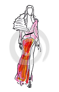 Illustration of a beautiful fashion female wearing a jacket with wide lapels and flowing skirt in floor