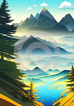 An illustration A beautiful Forest scene with a lake and Majestic mountains