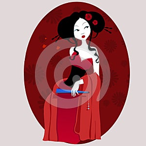 Illustration of a beautiful geisha in red dress. very gentle and passionate.