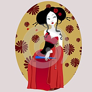 Illustration of a beautiful geisha in red dress. very gentle and passionate.