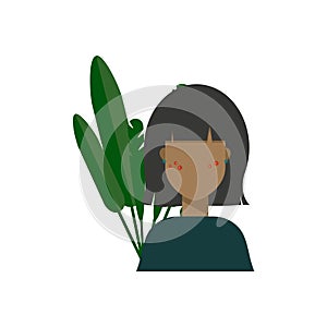 Illustration of a beautiful girl with acne. Young woman and foliage behind. Girl shows her skin and face. Vector