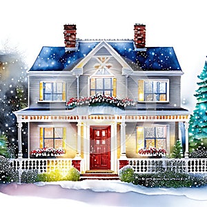 Illustration of a beautiful house with snow and a christmas tree generative AI Generative AI