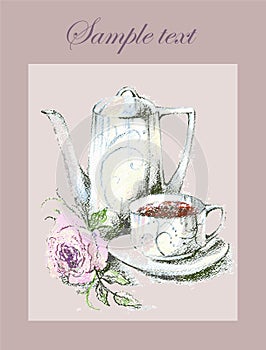 Illustration of the beautiful menu with a coffee pot and a rose.