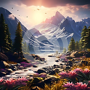 Illustration of a beautiful mountain landscape generated by artificial intelligence