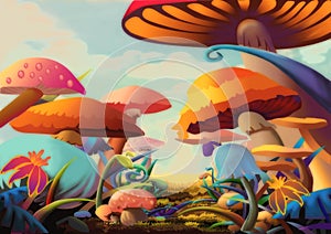 Illustration: A Beautiful Mushroom Land. It looks like you can walk into a story by this path.