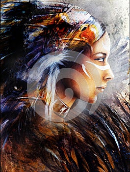 illustration Beautiful mystic painting of a young indian woman with eagle feather headdress, profile portrait, abstract background