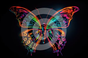 Illustration of a beautiful neon butterfly on a black background. Generative AI