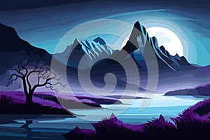 Illustration of a beautiful night landscape with mountains, a full moon, and a lake, dark nature, generative ai