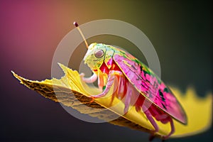 An Illustration of Beautiful pink Leafhopper, close up view, Humanly enhanced AI Generated image