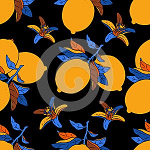 Illustration of beautiful pop art lemon fruits on a branch with blue leaves on an black background. Vector seamless pattern