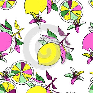 Illustration of beautiful pop art lemon fruits on a branch with color leaves on an white background. Vector seamless pattern