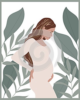 Illustration, a beautiful pregnant woman in a white dress on a background of tropical leaves. The concept of motherhood.