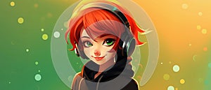 Illustration of a beautiful redhead girl with headphones listening to music