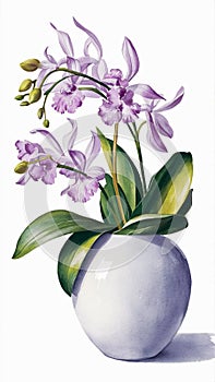 Illustration of beautiful round vase with green leaves and lilac orchid flowers.