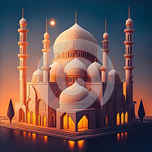 illustration of the beautiful shiny mosque and ramadan islamic culture with beautiful sun light, generative AI