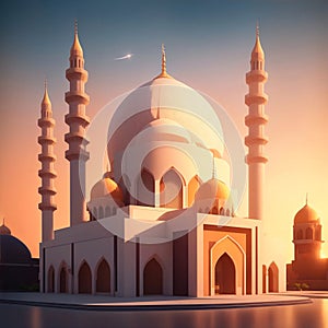 illustration of the beautiful shiny mosque and ramadan islamic culture with beautiful sun light, generative AI