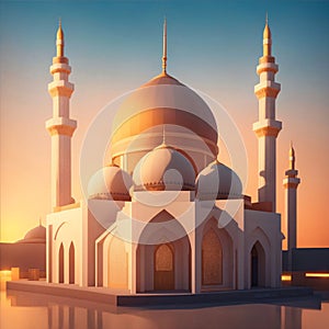 illustration of the beautiful shiny mosque and ramadan islamic culture with beautiful sun light, generative AI