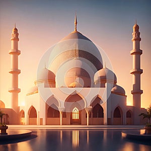 illustration of the beautiful shiny mosque and ramadan islamic culture with beautiful sun light, generative AI