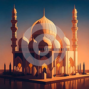 illustration of the beautiful shiny mosque and ramadan islamic culture with beautiful sun light, generative AI