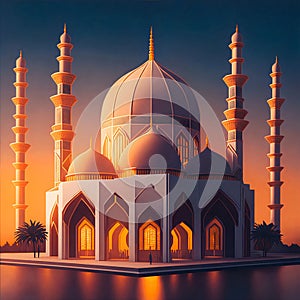 illustration of the beautiful shiny mosque and ramadan islamic culture with beautiful sun light, generative AI