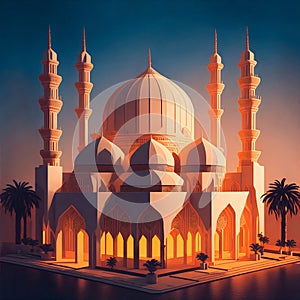 illustration of the beautiful shiny mosque and ramadan islamic culture with beautiful sun light, generative AI