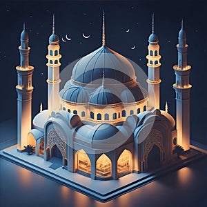 illustration of the beautiful shiny mosque and ramadan islamic culture icon and with beautiful night, The landmark, generative AI