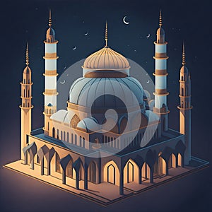 illustration of the beautiful shiny mosque and ramadan islamic culture icon and with beautiful night, The landmark, generative AI