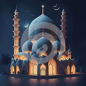 illustration of the beautiful shiny mosque and ramadan islamic culture icon and with beautiful night, The landmark, generative AI