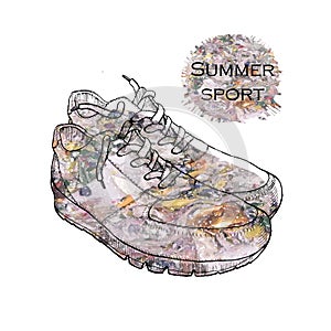 Illustration of Beautiful sneakers for a picture or poster. Shoe of hand drawn style with flower texture. Youth shoes