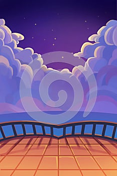 Illustration: The Beautiful Starry Night with Clouds. Balcony View. Realistic Cartoon Style Scene / Wallpaper / Background Design.