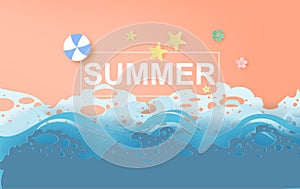 Illustration of Beautiful summer beach poster background. Creative design paper cut and craft style. Summertime sea wave for card