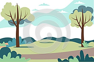 Illustration of a beautiful summer landscape of fields and forest with dawn, green hills, bright blue sky