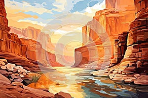 Illustration of a beautiful sunset over a river in the desert, Canyon with a river between the rocks at dawn time. Post-