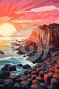 Illustration of beautiful view of Giants Causeway, Ireland