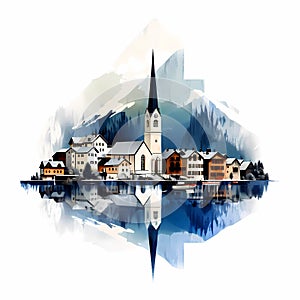 Illustration of beautiful view of Hallstatt, Austria