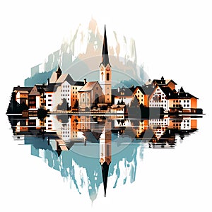 Illustration of beautiful view of Hallstatt, Austria
