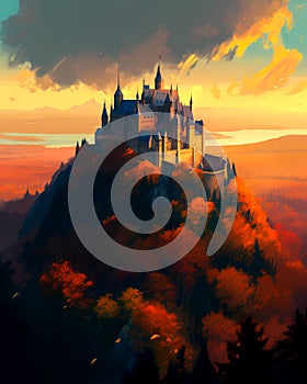 Illustration of beautiful view of Hohenzollern Castle in the Swabian Alps - Baden-Wurttemberg, Germany