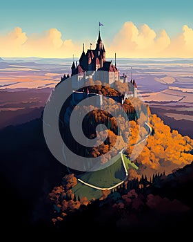 Illustration of beautiful view of Hohenzollern Castle in the Swabian Alps - Baden-Wurttemberg, Germany