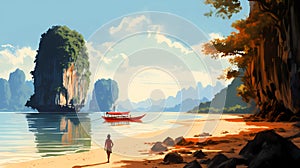 Illustration of a beautiful view of James Bond Island, Thailand