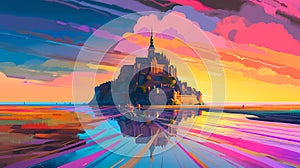 Illustration of beautiful view of Mont Saint-Michel, France