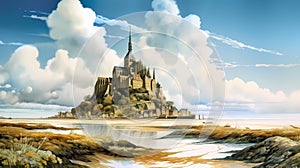 Illustration of beautiful view of Mont Saint-Michel, France