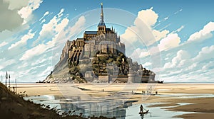 Illustration of beautiful view of Mont Saint-Michel, France