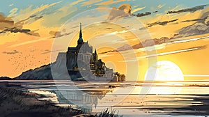 Illustration of beautiful view of Mont Saint-Michel, France