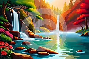 Illustration of a beautiful waterfall in the forest at sunset, natural scenery with trees, rocks, generative ai