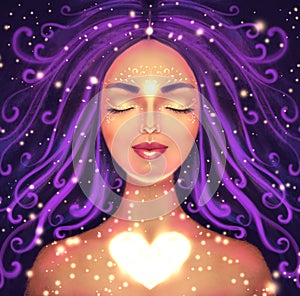 Illustration of a beautiful woman on a dark background with a shining heart. Symbol of self-love, spiritual awakening and