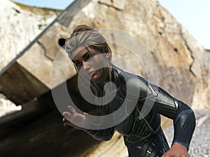 Illustration of a beautiful woman looking up in a defensive pose with an apprehensive look with cut boulders in the background