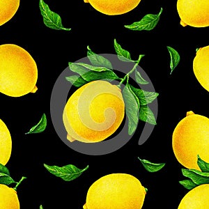 Illustration of beautiful yellow lemon fruits on a branch with green leaves on an black background. Watercolor drawing pattern