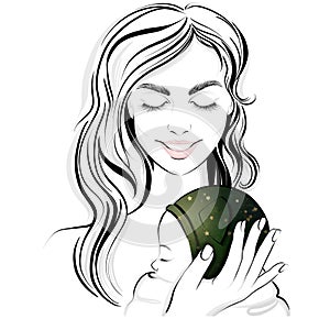 Illustration of a beautiful young mother with her newborn baby, she smiles