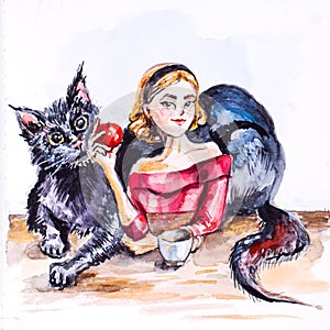 Illustration of beautiful young woman with a big black cat