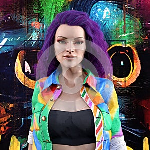 Illustration of a beautiful young woman with purple hair wearing a colorful jacket against cat graffiti